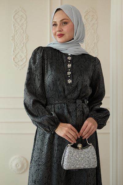 InStyle Rochie neagră jacquard cu detaliu de piatră în pată