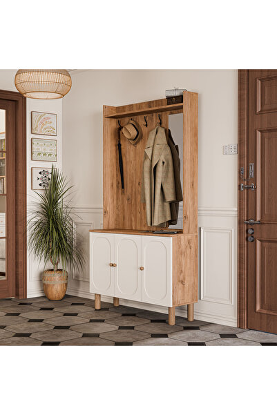 Mezza 5091 Roma Sağ Aynalı 3 Kapaklı (MEMBRAN) 4 Askılı Bohem Portmanto Atlan...