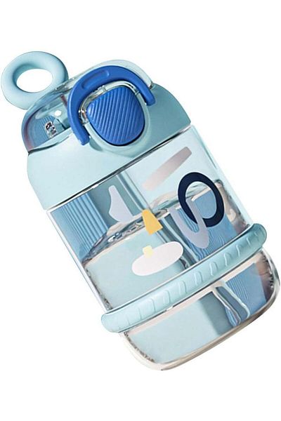 COOYA Cute Water Bottle, Cartoon Big Belly Cup, With Straw, Plastic Water Cup (Blue)