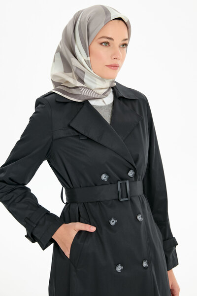 Tuğba Kruvaze Yaka Kemerli Klasik Trençkot - Siyah