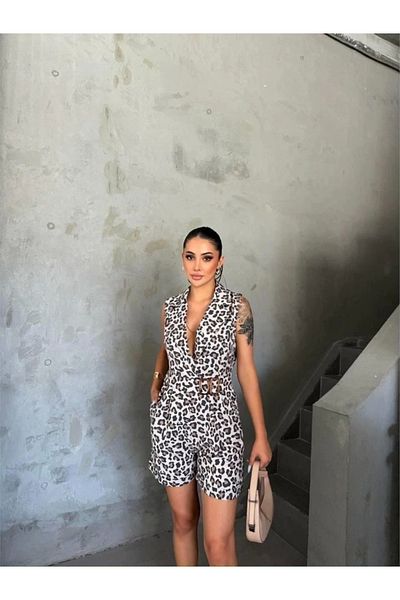 Butik Leopard Print Shorts Jumpsuit - Jacket Collar and Buckle Detail