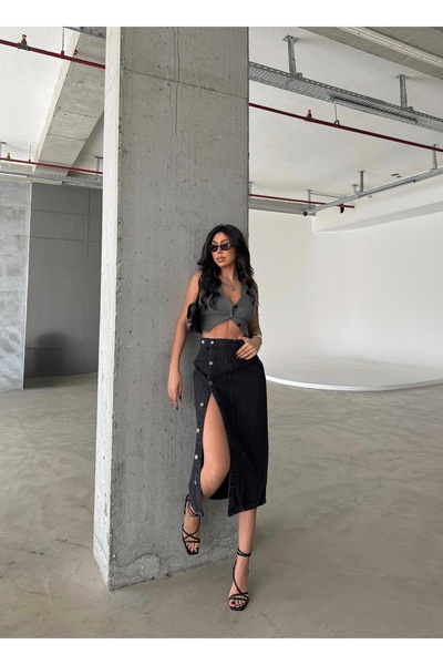 Butik LİKRASIZ DÜĞMELİ MIDI BOY KOT ETEK