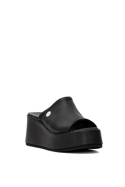 Mammamia Women's Black Genuine Leather Wedge Heel Slippers D25Yt-1565