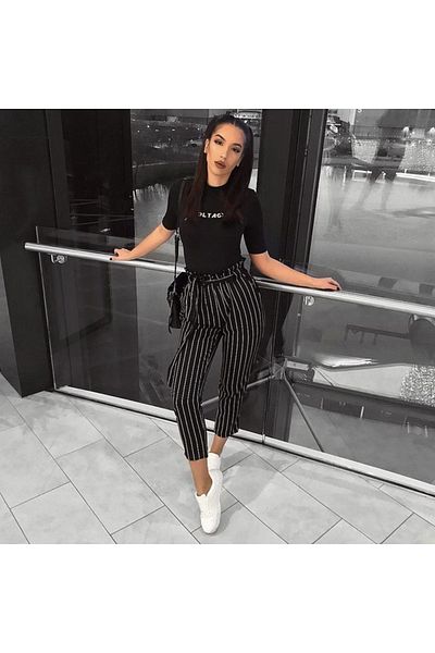 FASHION COCKTAIL Striped Belted Waist Frilly Seasonal Fabric Short Narrow Leg Women's Trousers Black