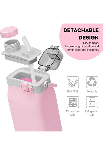 COOYA Sports Water Bottles, with Straw and Strap, Foldable Water Bottle for Travel Camping Sports(Pink)
