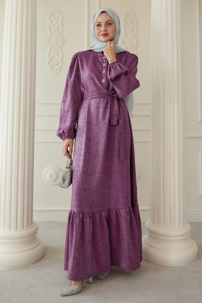 InStyle Purple Jacquard Dress with Paw Stone Detail