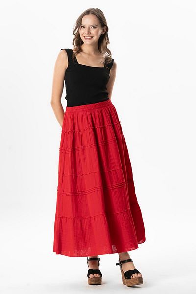 Eliş Şile Bezi Benan Elastic Waist Long Summer Muslin Skirt Red Krmz