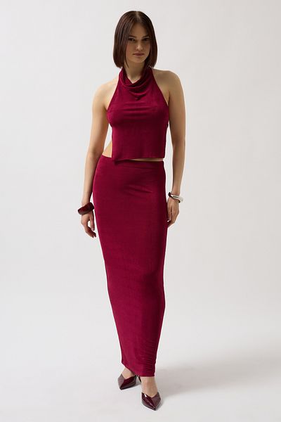 Black Fashion Shiny Fabric Maxi Burgundy Skirt