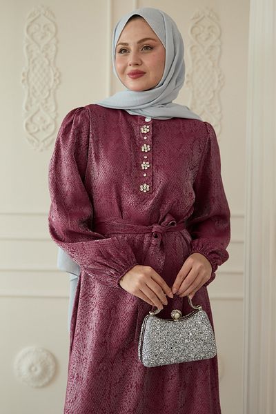 InStyle Rochie jacquard burgundy cu detaliu de piatră la picior