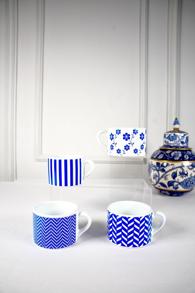 Vivas Set of 4 Geometric New Navy Blue Double Turkish Coffee Cup Set (Vertical, Flower, Zigzag, Rank)