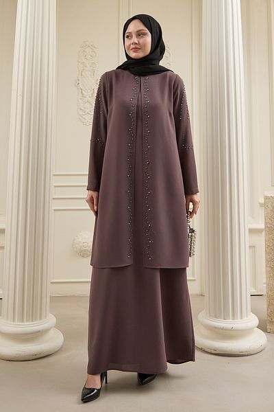 InStyle Piece Detailed Bitter Brown Abaya with Pearls