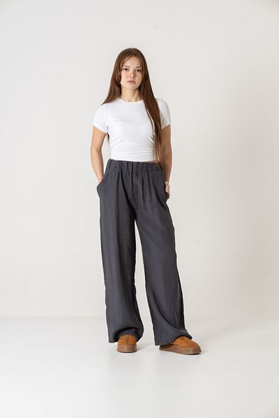 VerdeBlanco High Waist Flowy Palazzo Fabric Pants, Anthracite