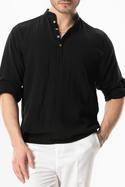 Eliş Şile Bezi Μακρυμάνικο φούτερ μουσελίνας με γιακά δικαστής μαύρο