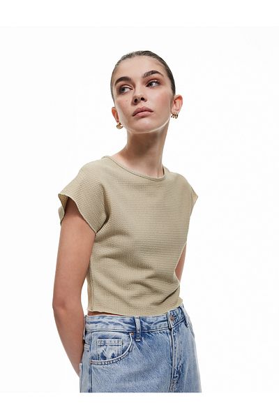 Koton Μπλουζάκι με υφή με μανίκια Crew Neck Crop