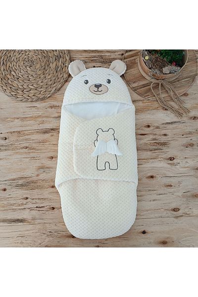 Tomuycuk Newborn Cotton Baby Blanket & Swaddle - Ecru Sleeping Bag with Teddy Bear & Ears - Gift