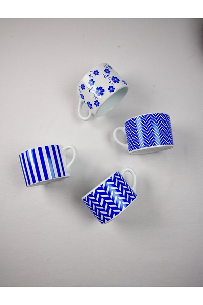Vivas Set of 4 Geometric New Navy Blue Double Turkish Coffee Cup Set (Vertical, Flower, Zigzag, Rank)