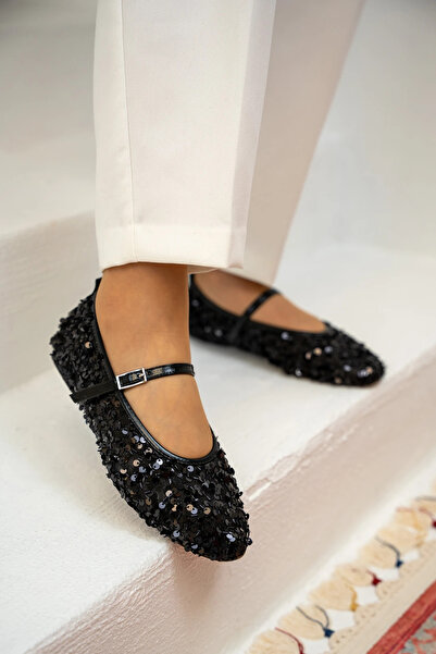 LAMİNTA Γυναικείες μπαλαρίνες Kitty Black Sequin με λεπτομέρεια πόρπης