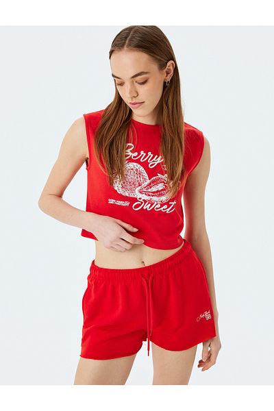 Koton Strawberry Printed Crop Sleeveless Crew Neck Tank Top