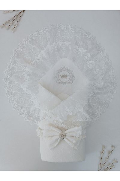 Tomuycuk Ecru Lace Baby Girl and Boy Blanket - Mevlütlük Newborn Hospital Exit Seasonal