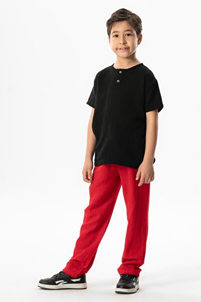 Eliş Şile Bezi Beli Lastikli Müslin Cepli Yazlık Çocuk Pantolon Kırmızı Krmz