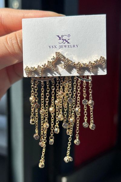 TAKIŞTIR أقراط VIP YSX متدلية بتفاصيل حجر ذهبي اللون (زوج)