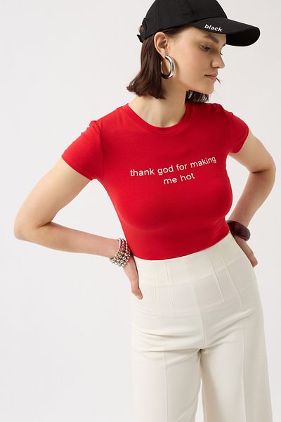 Black Fashion Tricou roșu din Lycra cu imprimeu Mulțumesc Dumnezeu