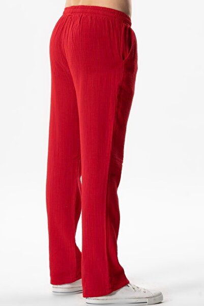 Eliş Şile Bezi Müslin Beli Lastikli Çift Cepli Erkek Yazlık Pantolon Kırmızı Krmz