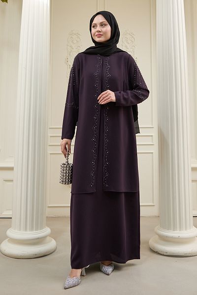 InStyle Pearl Piece Detail Purple Abaya
