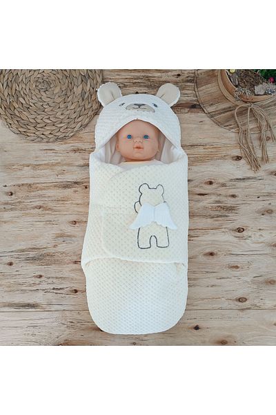 Tomuycuk Newborn Cotton Baby Blanket & Swaddle - Ecru Sleeping Bag with Teddy Bear & Ears - Gift