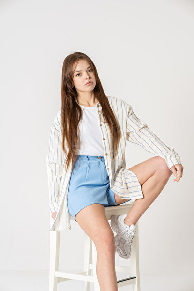 VerdeBlanco %100 Pamuk Çizgili Cep Detaylı Müslin Gömlek Krem-Mavi