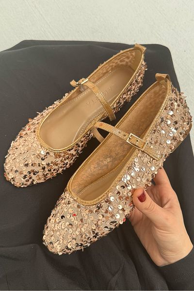LAMİNTA Kitty Bronze Sequin Detailed Buckle Women's Ballerinas