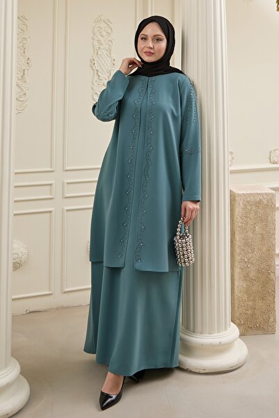 InStyle İncili Parça Detay Mint Yeşili Abaya