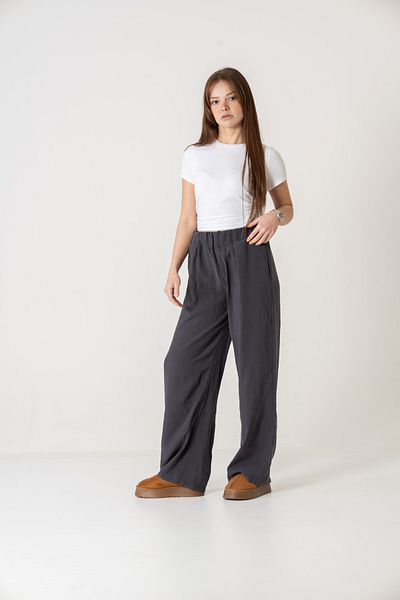 VerdeBlanco High Waist Flowy Palazzo Fabric Pants, Anthracite