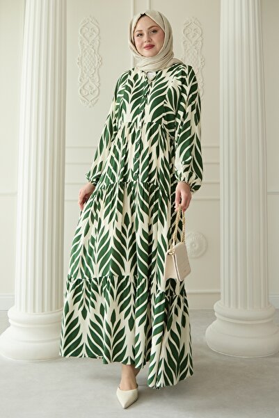 InStyle Colorful Leaf Patterned Viscose Khaki Dress
