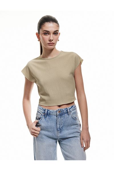 Koton Μπλουζάκι με υφή με μανίκια Crew Neck Crop
