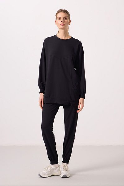 TOMMY LIFE Black O Neck Basic Oversize Women's Tracksuit Tunic Set - 95347