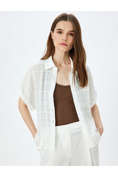 Koton Relaxed Fit Cotton Semi-Transparent Short Sleeve Shirt