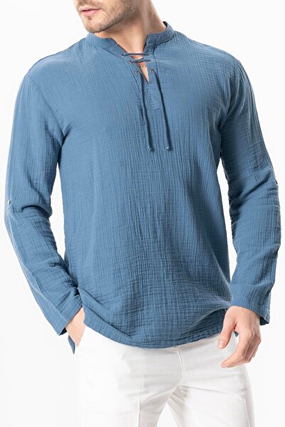 Eliş Şile Bezi Ανδρικό καλοκαιρινό μπλουζάκι με μακρύ μανίκι με λαιμόκοψη με κορδόνια μουσελίνα Indigo indg