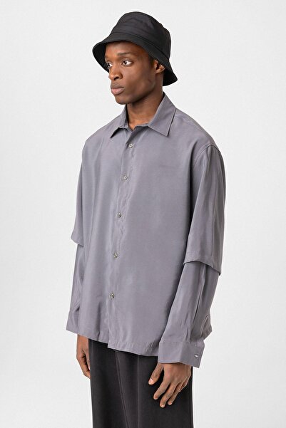 Vamos Gray Oversize Shirt - Double Sleeve Detail