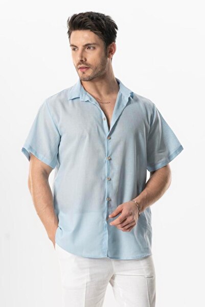 Eliş Şile Bezi Cămașă de vară pentru bărbați din popelin cu mânecă scurtă Ice Blue Bmv
