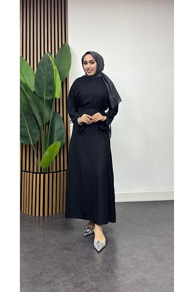 FREEMİH TEKSTİL Black Linen Skirt Suit with Drawstring from Sleeve to Waist