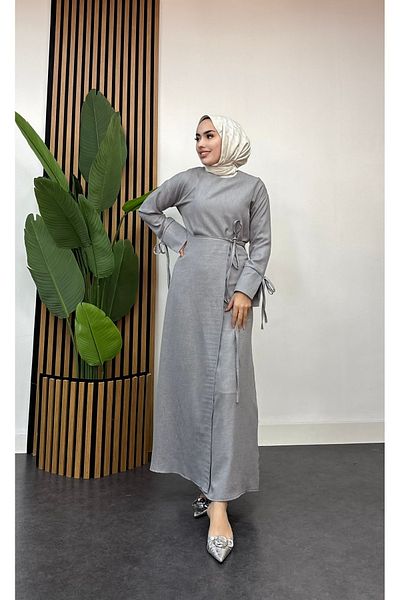 FREEMİH TEKSTİL Linen Skirted Double Suit with Drawstring at the Waist Gray