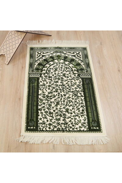 İkranur Medine Halı Tipi Kalın Yumuşak Kadife Çeyizlik  Seccade Elegant-Yeşil (70*120 cm 1040 gr)