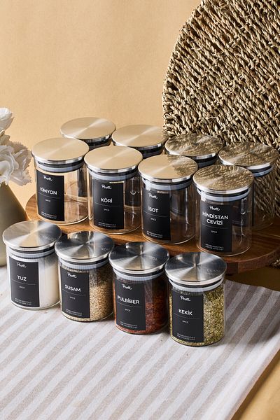 Perotti Aurelia 12 Li Metal Lid Borosilicate Glass Spice Rack 225 ml 8X6,5 cm 30 Tags Gift