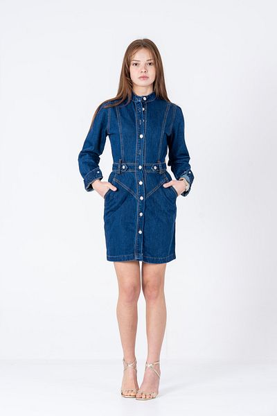 VerdeBlanco Buttoned Epaulet Detailed Denim Dress Dark Navy Blue
