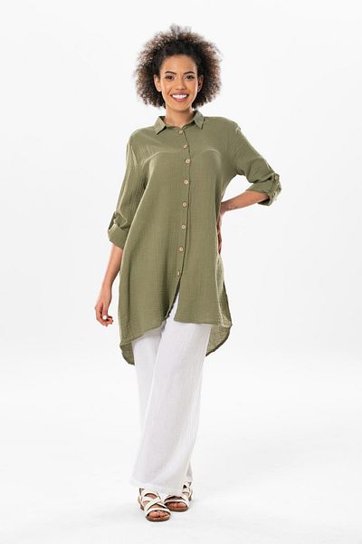 Eliş Şile Bezi Large Size Long Sleeve Sedanur Shirt Collar Summer Muslin Tunic Khaki Hk