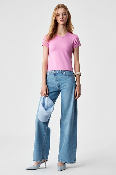 GRIMELANGE Masrouti Women Slim Short V-Neck Short Sleeve Pink T-Shirt