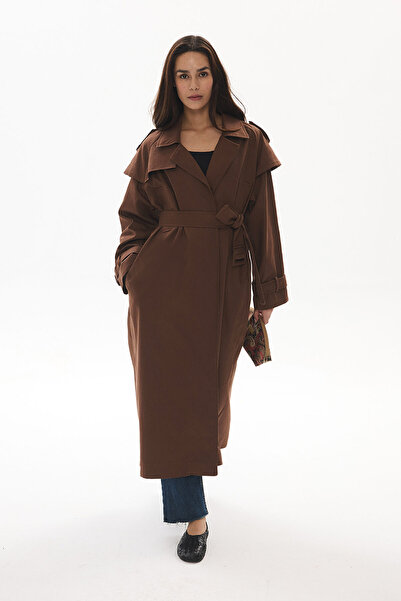 Hooopstore Aller Detaylı Kahve Gabardin Trençkot