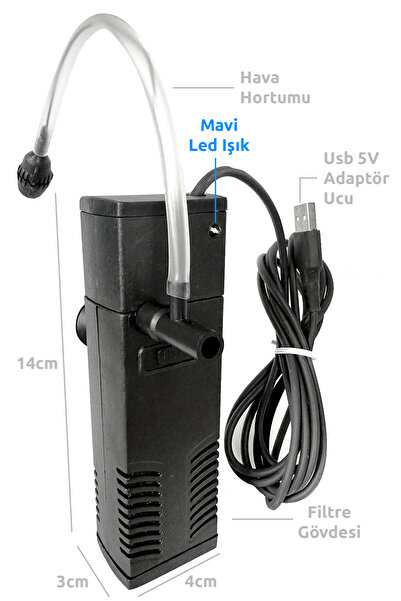 Evcil Şehri Işıklı Mini Akvaryum İç Filtre Usb 5 Volt Sessiz
