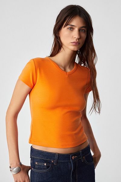 GRIMELANGE Masrouti Women Slim Short V-Neck Short Sleeve Orange T-Shirt